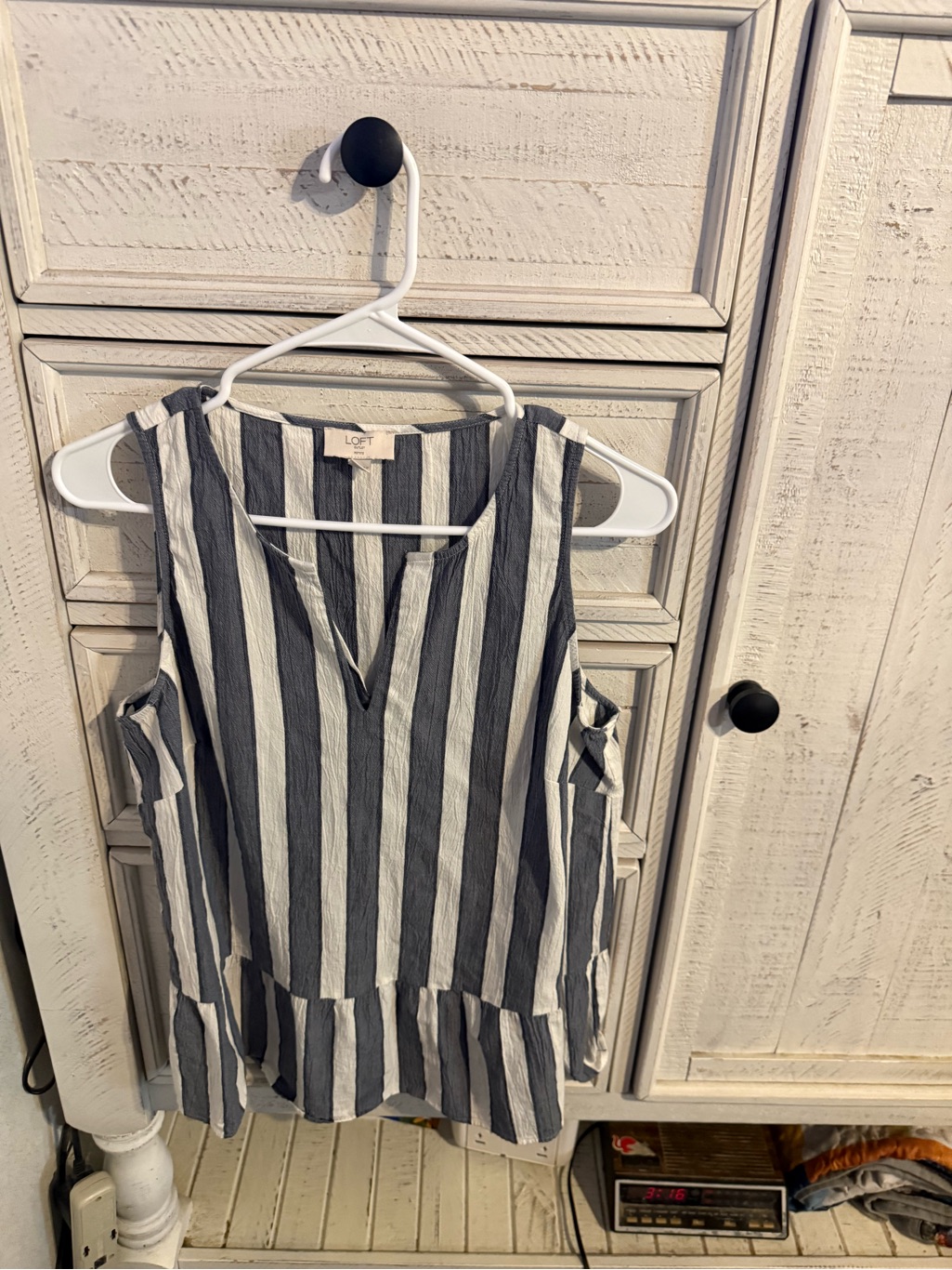 Loft Navy And White Vertical Stripe Sleeveless Peplum Tank